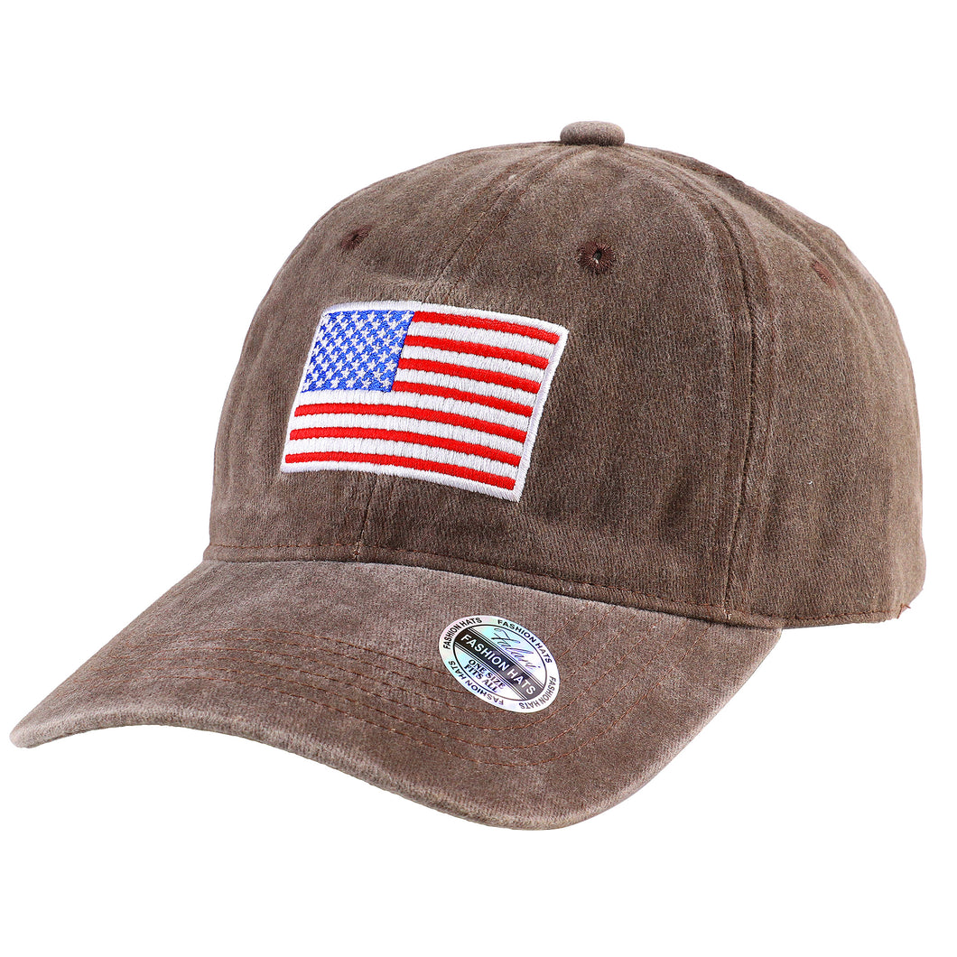 USA Flag Embroidered Baseball Cap - Brown