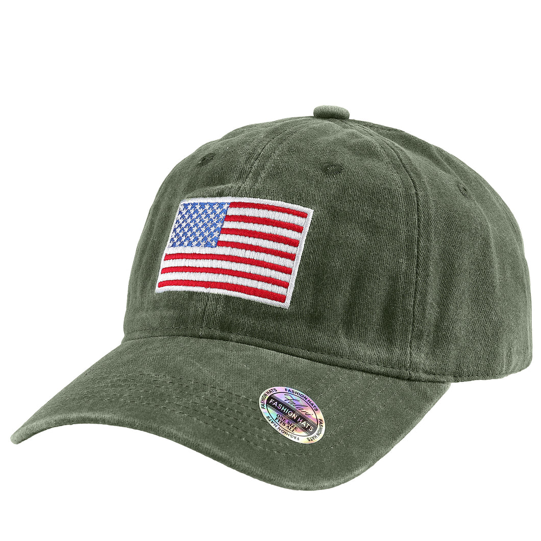 USA Flag Embroidered Baseball Cap - Olive Green